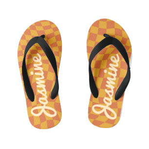Retro Orange Warped Chequered Board Custom Name Kid's Jandals