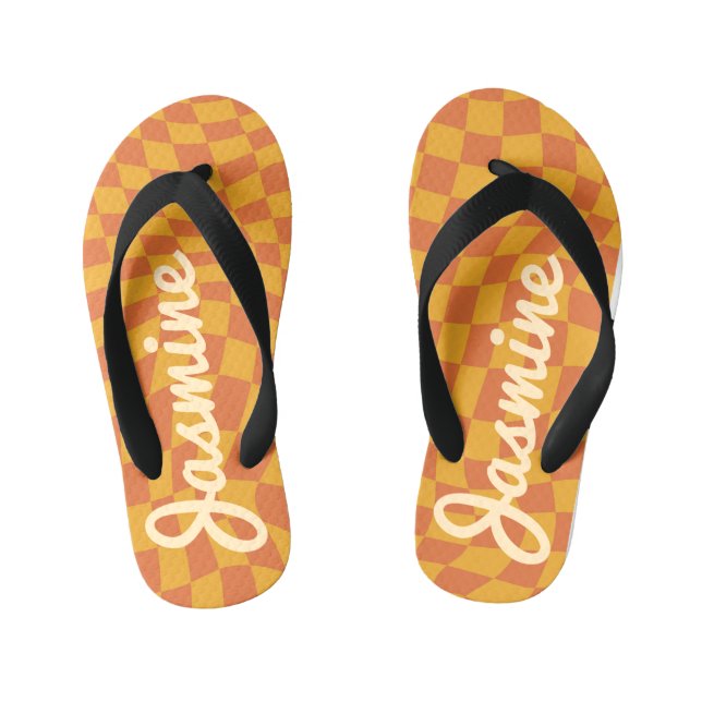 Retro Orange Warped Chequered Board Custom Name Kid's Jandals (Footbed)