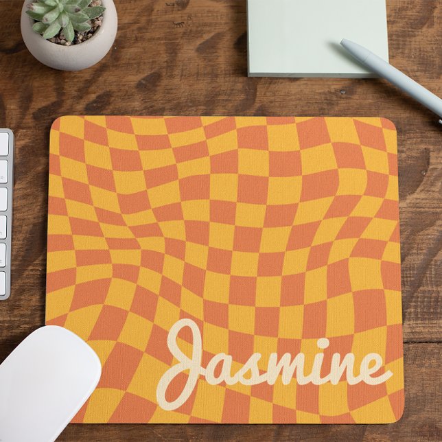 Retro Orange Warped Chequered Board Custom Name Mouse Pad (Creator Uploaded)