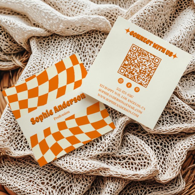Retro Orange Wavy Chequerboard with QR Code  Square Business Card (Creator Uploaded)