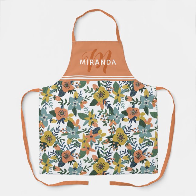 Retro Orange Yellow Blue Floral Pattern Monogram Apron (Front)