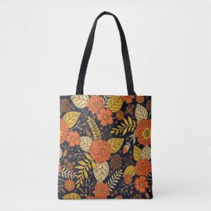 Retro Orange, Yellow, Brown, & Navy Floral Pattern Tote Bag