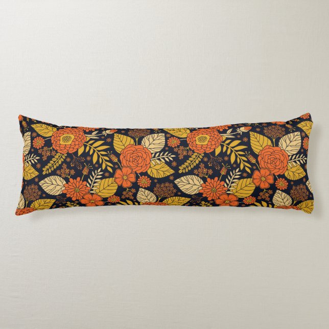 Retro Orange, Yellow & Navy Floral  Body Cushion (Front)
