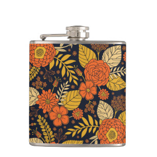 Retro Orange, Yellow & Navy Floral Hip Flask