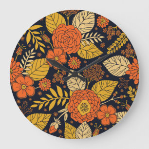 Retro Orange, Yellow & Navy Floral  Large Clock