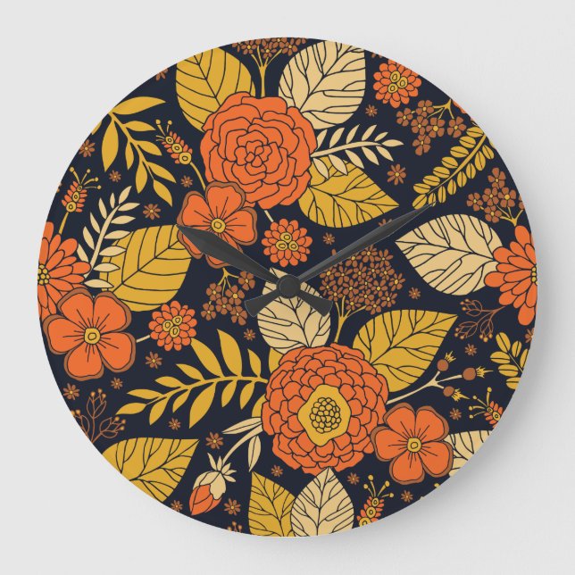 Retro Orange, Yellow & Navy Floral  Large Clock (Front)