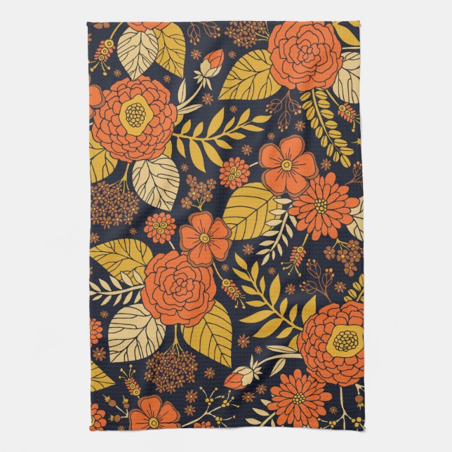 Retro Orange, Yellow & Navy Floral  Tea Towel (Vertical)