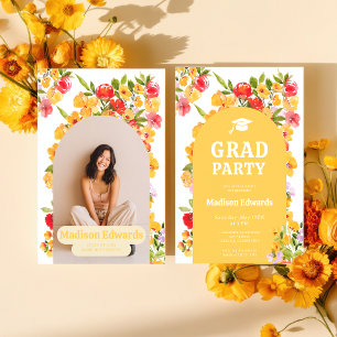 Retro Orange Yellow Wildflower Photo Graduation Invitation