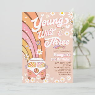 Retro Orange Young Wild and Three 3rd Birthday Invitation