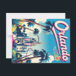 Retro Orlando Theme Park Castle Postcard<br><div class="desc">A vibrant retro-style travel poster for Orlando features a majestic pink and blue fairytale castle,  resembling Cinderella's Castle,  surrounded by tall palm trees and roller coaster tracks under a bright blue sky with floral accents. "Orlando" is written in a playful script at the top.</div>