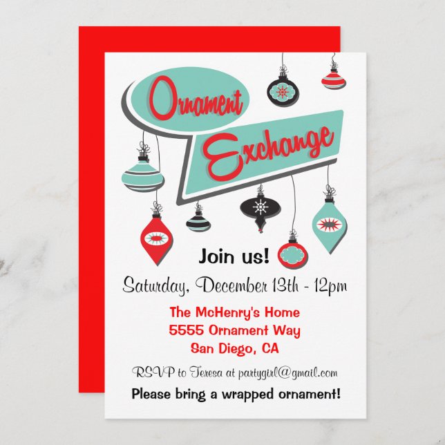 Retro Ornament Exchange Christmas Invitation (Front/Back)