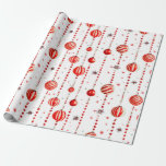 Retro Ornaments And Beads Wrapping Paper<br><div class="desc">This wrapping paper features a repeating pattern of red and white Christmas ornaments hanging from vertical strings of red beads. There are also small,  stylised red stars scattered throughout the white background. Some ornaments are solid red,  while others have red and white stripes.</div>