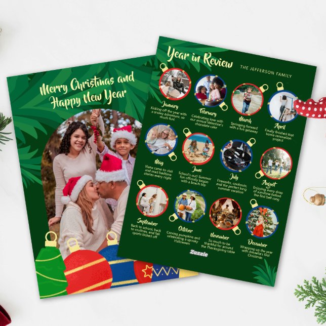Retro ornaments arched Year in review family photo Holiday Card (Elegant vintage green Christmas Year in review photo card with retro Christmas ornaments )
