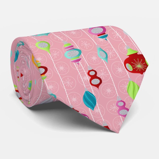 Retro Ornaments Pink Christmas Tie (Rolled)