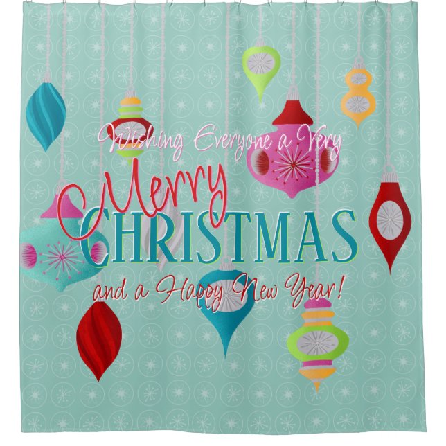 Retro Ornaments Teal Christmas Shower Curtain (Front)