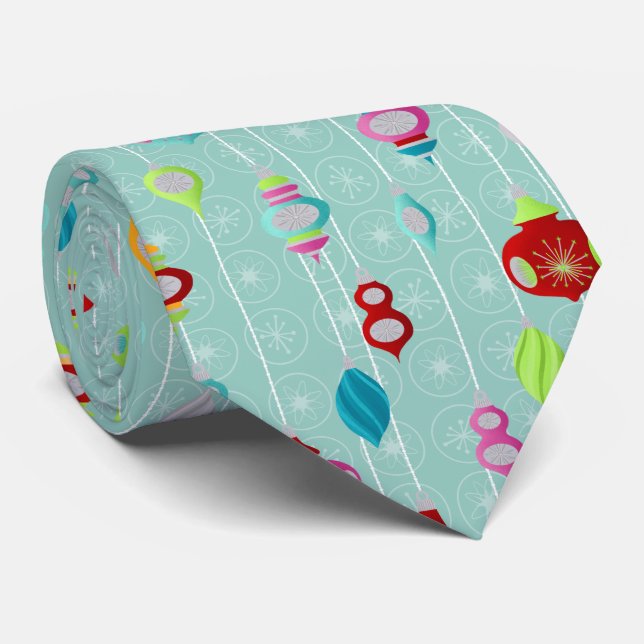 Retro Ornaments Teal Christmas Tie (Rolled)