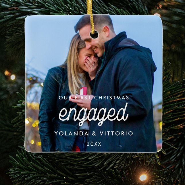 Retro Our First Christmas Engaged Photo Ceramic Ornament (Creator Uploaded)