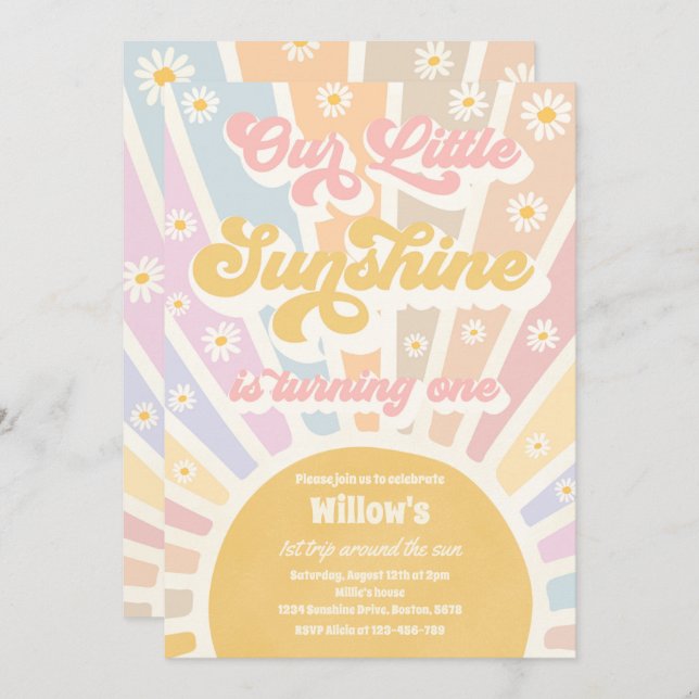 Retro Our Little Sunshine 1st Birthday Party Invitation (Front/Back)