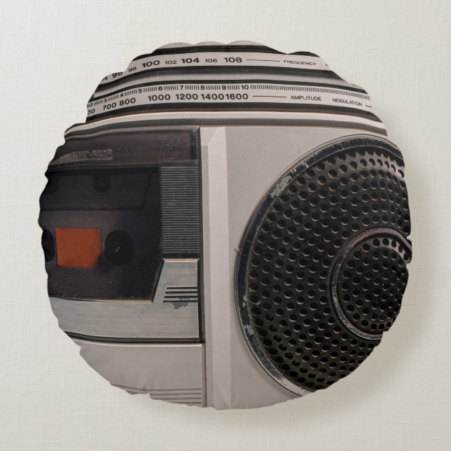 Retro outdated portable stereo radio cassette reco round cushion (Front)