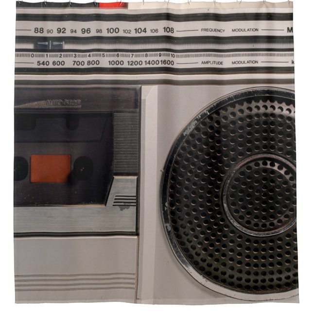 Retro outdated portable stereo radio cassette reco shower curtain (Front)