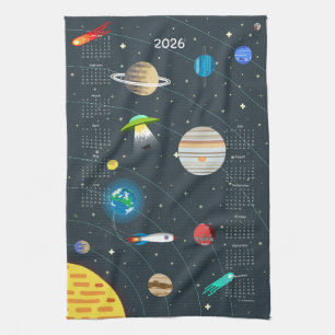 Retro Outer Space 2026 Calendar Tea Towel