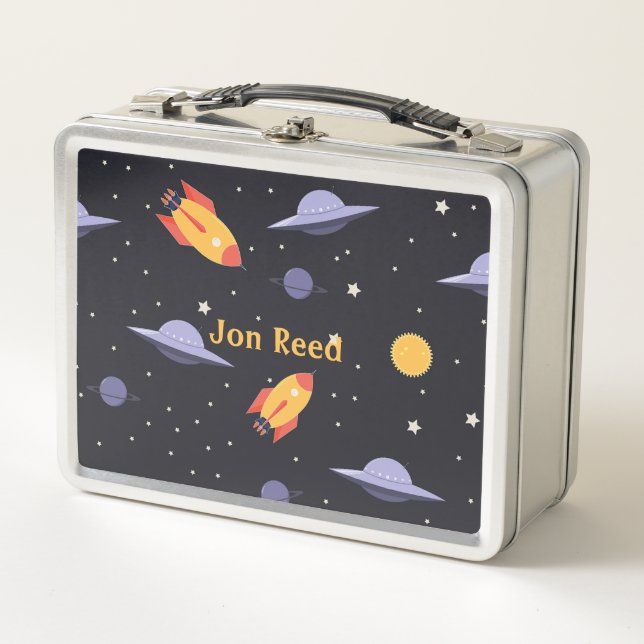Retro Outer Space Monogrammed Metal Lunch Box (Front)