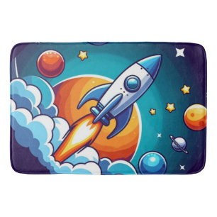Retro, outer space rocket bath mat