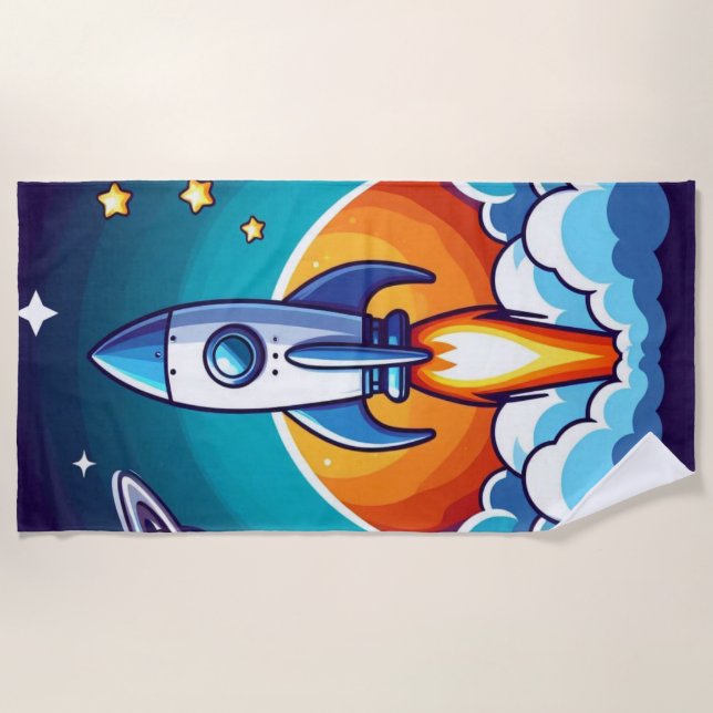 Retro, outer space rocket beach towel (Front)
