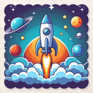 Retro, outer space rocket paper coaster