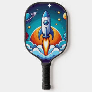 Retro, outer space rocket pickleball paddle