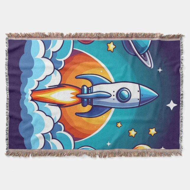 Retro, outer space rocket throw blanket (Front)