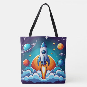 Retro, outer space rocket tote bag