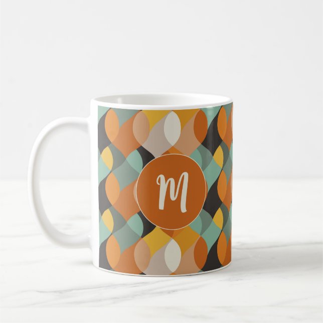 Retro Oval Shapes Orange Teal Gold Monogram  Coffee Mug (Left)