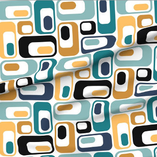 retro ovals white teal mustard black aqua indigo fabric