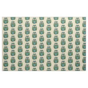 Retro Owl - Green and Teal on Tan Background Fabric