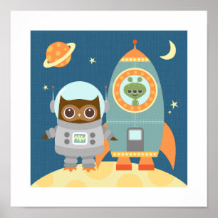 Retro Owl Space Poster Print