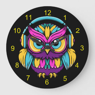Retro Owl Wearing Headphones Large Clock