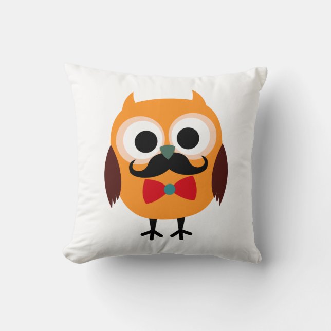 Retro Owl with Handlebar Moustache Moustache Cushion (Front)