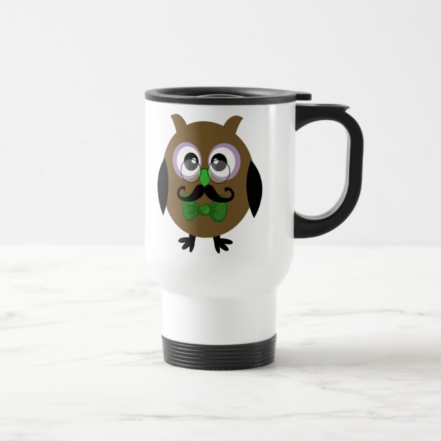 Retro Owl with Moustache Moustache Travel Mug (Right)
