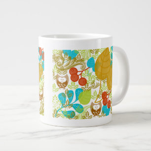 Retro Owls Leaves Fruit in Turquoise Green Brown Large Coffee Mug