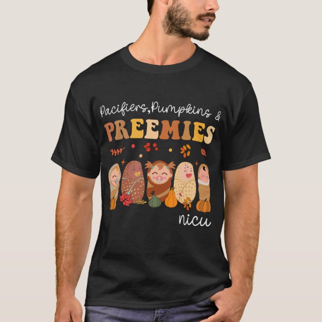 Retro Pacifiers Pumpkins Preemies NICU Nurse Fall  T-Shirt (Front)