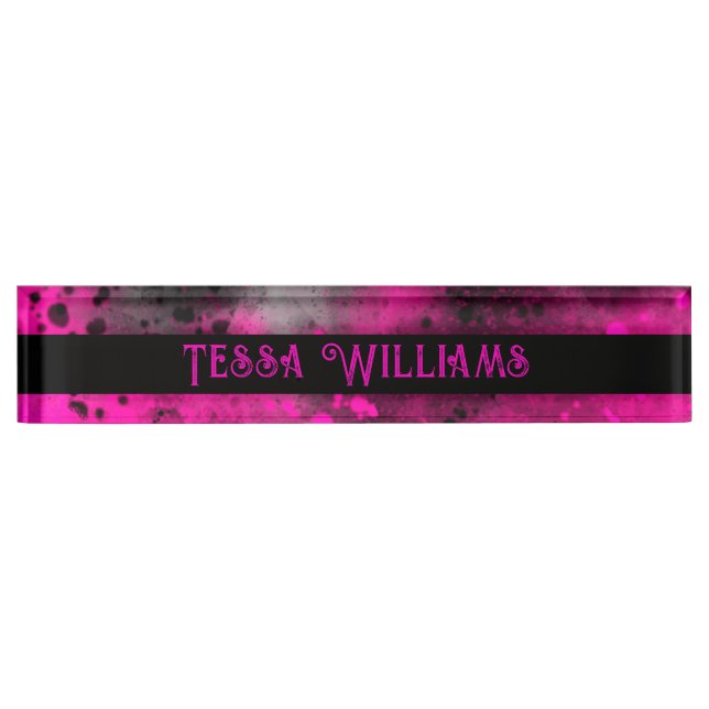 Retro Paint Splatter Effect Pink & Black  Nameplate (Front)