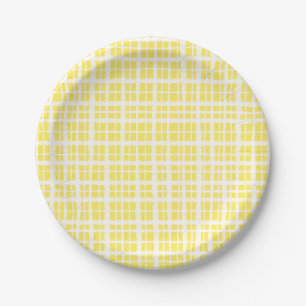 Retro Painted Gingham Plaid Pattern Light Yellow Paper Plate