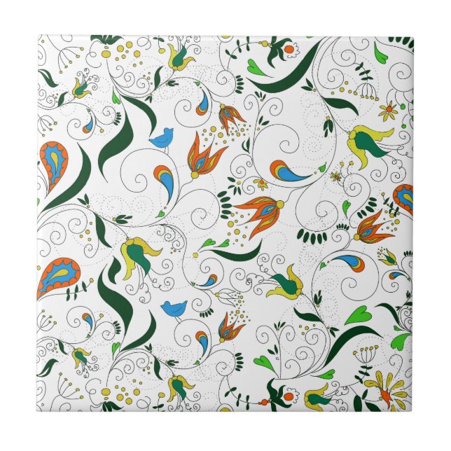 Retro Paisley Green Orange Blue Yellow Tile (Front)