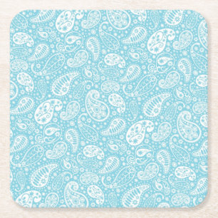 Retro Paisley in Teal Blue Square Paper Coaster