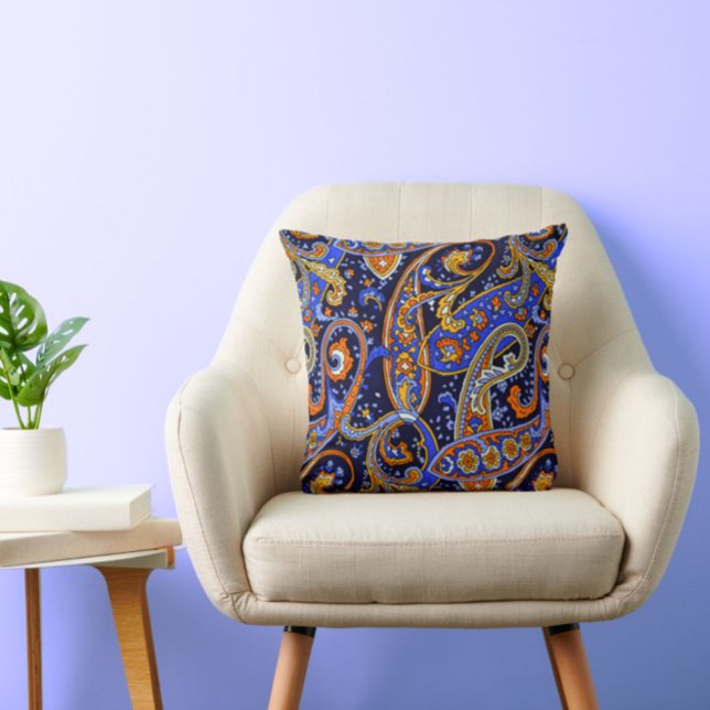 Retro Paisley Pattern Blue White Orange Colourful Cushion (This blue + orange retro paisley pattern throw pillow will pep up your space!)