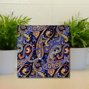 Retro Paisley Pattern Blue White Orange Colourful Tile