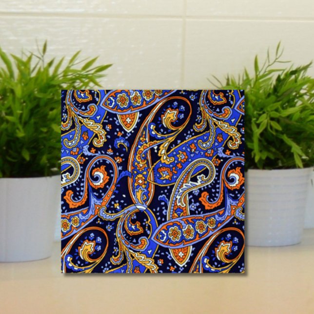 Retro Paisley Pattern Blue White Orange Colourful Tile (Add personality to your tiled space with this retro paisley pattern ceramic tile in blues + oranges.)