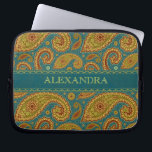 Retro Paisley Pattern Worm Tones-Monogram Laptop Sleeve<br><div class="desc">Worm tones retro paisley pattern on blue-green background. Customisable and optional monogram. Available on other products.</div>