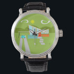 Retro Palm Springs House Black Leather Watch<br><div class="desc">This Retro Palm Springs House with Car Black Leather Watch is a mid century modern lover’s dream. The minimalist art design features a sleek orange and glass house with a dramatically sloping checkmark shape roof. The red door offsets the orange stone planter filled with greenery and the decorative turquoise cinderblock...</div>
